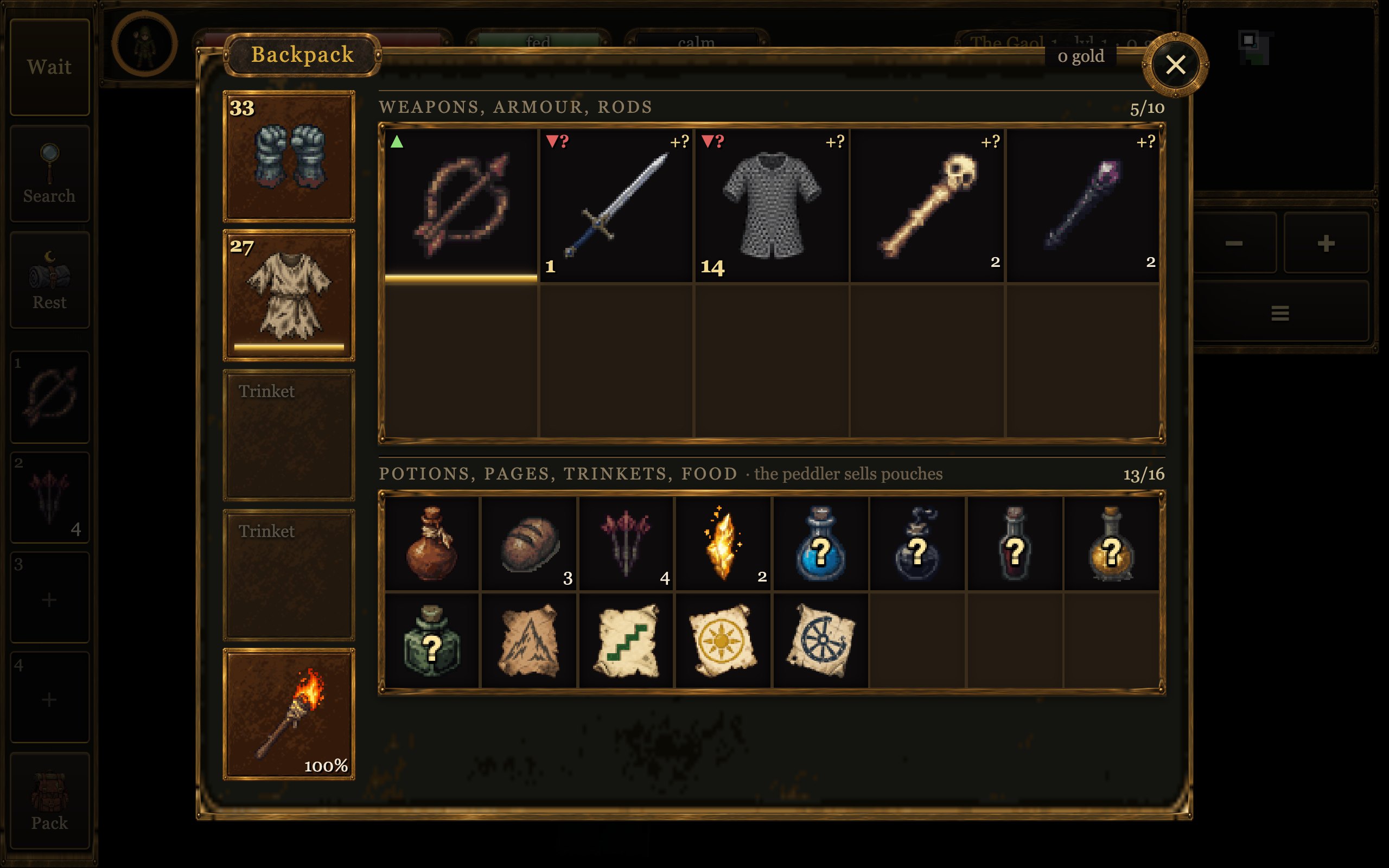 The backpack: weapon, armour and torch slots, draughts, pages, rods and a sun ember